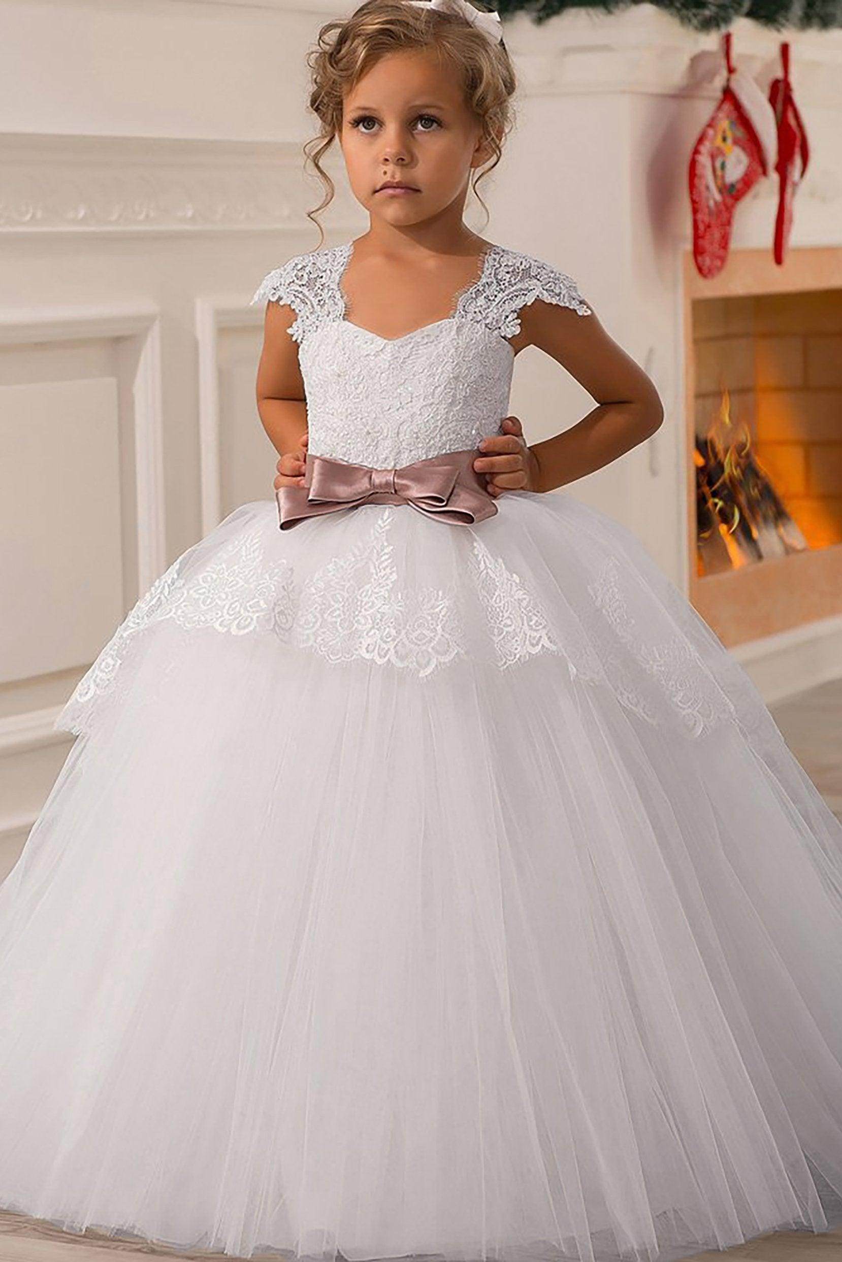 A-Line Floor Length Tulle Lace Flower Girl Dress CF0335 - COCOMELODY